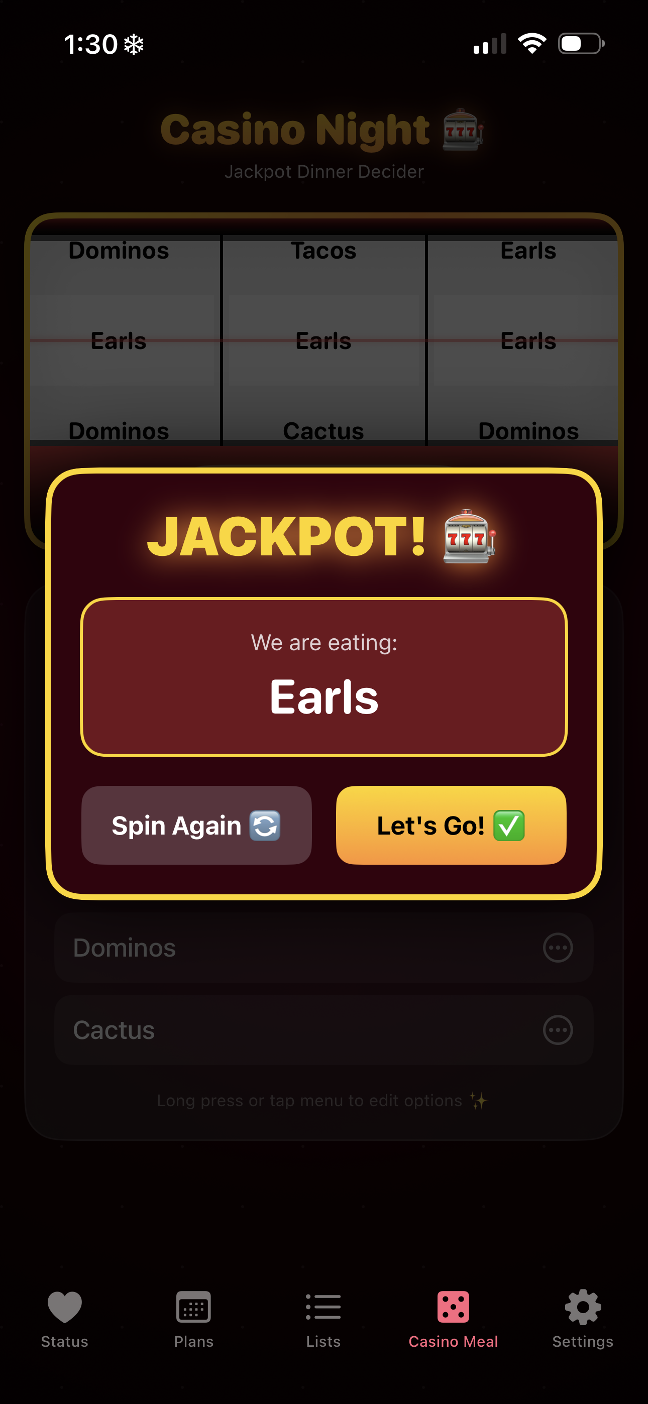 Casino Meal tab screenshot