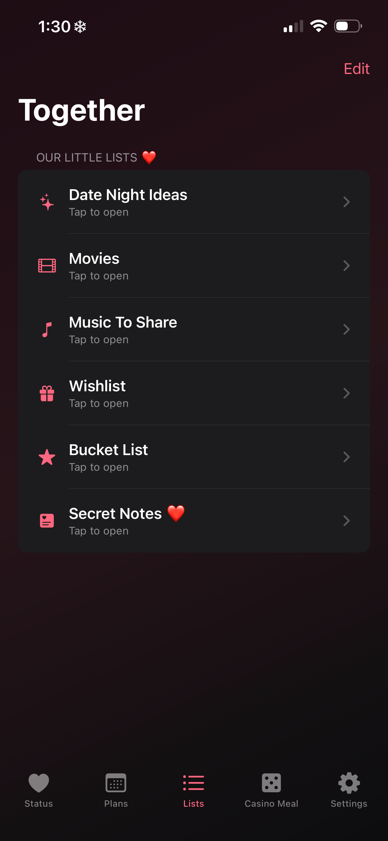 Lists tab screenshot